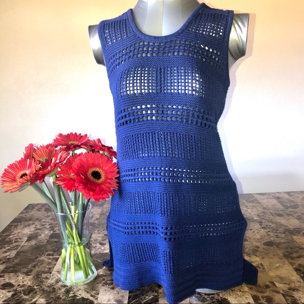 Blue Crochet High Low Hem Sleeveless Too